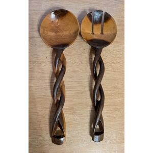 Hand Carved Wooden Salad Servers Twisted Double Helix Handle 11.5 Inch Set 2